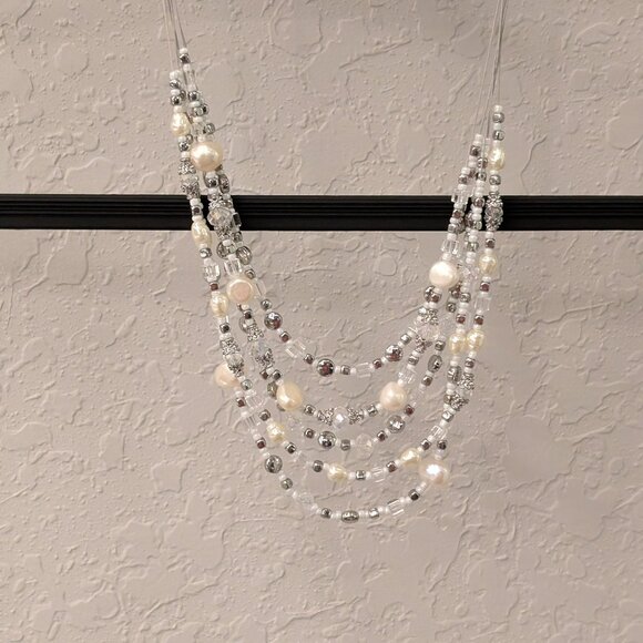 Premier Designs Pearl, Crystal & Silver Multistrand Beaded Statement Necklace - Picture 1 of 3